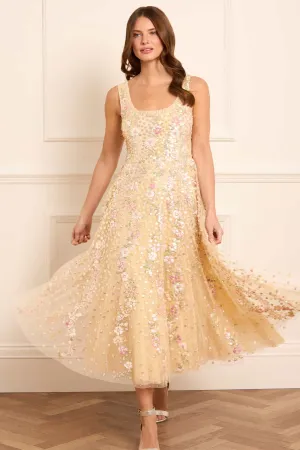 Subtle Drape Gemstone-Detail Confetti Scoop Neck Ballerina Dress