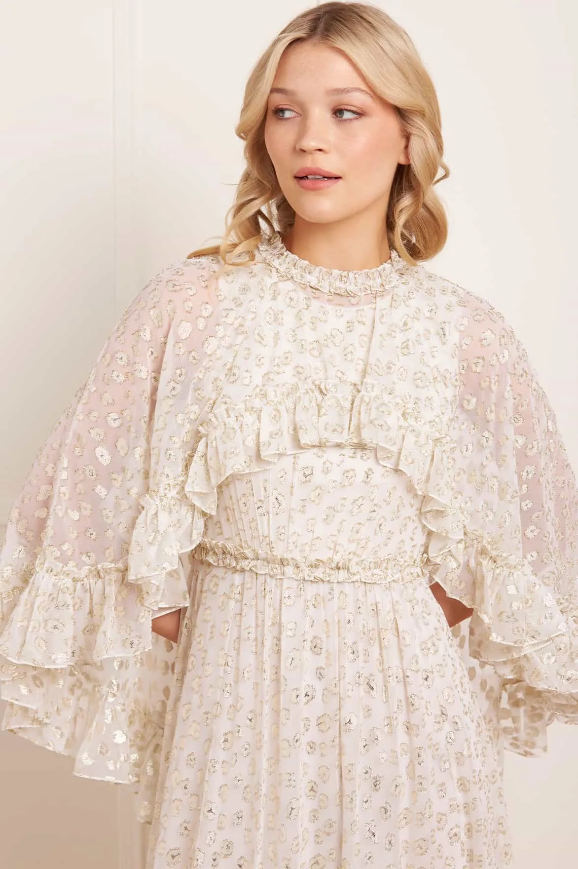 Lace-Edge Harper Lurex Cape Ankle Gown