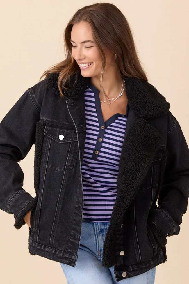 Picking Sides Black Wash Sherpa Detail Oversized Denim Jacket RecycledPolyester Weekend Ready