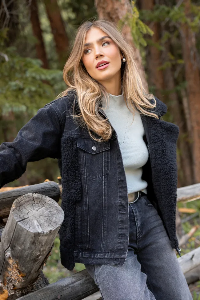 Adjustable Fit Design Picking Sides Black Wash Sherpa Detail Oversized Denim Jacket