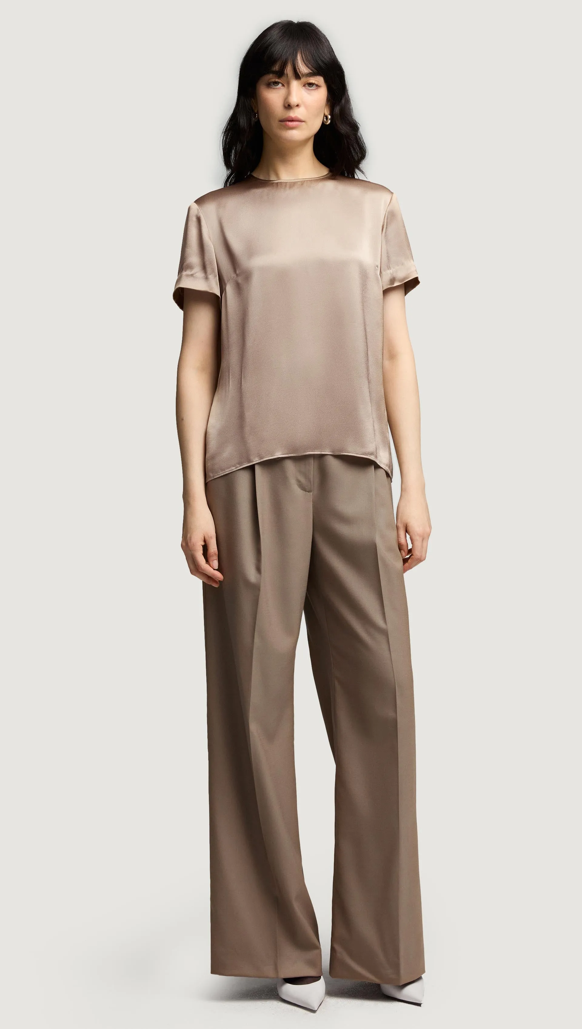 Single Pleat Trouser in Seasonless Wool | Taupe Layered Look Noise Reduciting Fabric