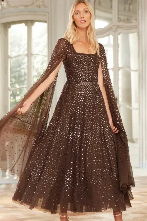 Flattering Shape Work-to-Play Wear Scatter Dot Cape Sleeve Ankle Gown