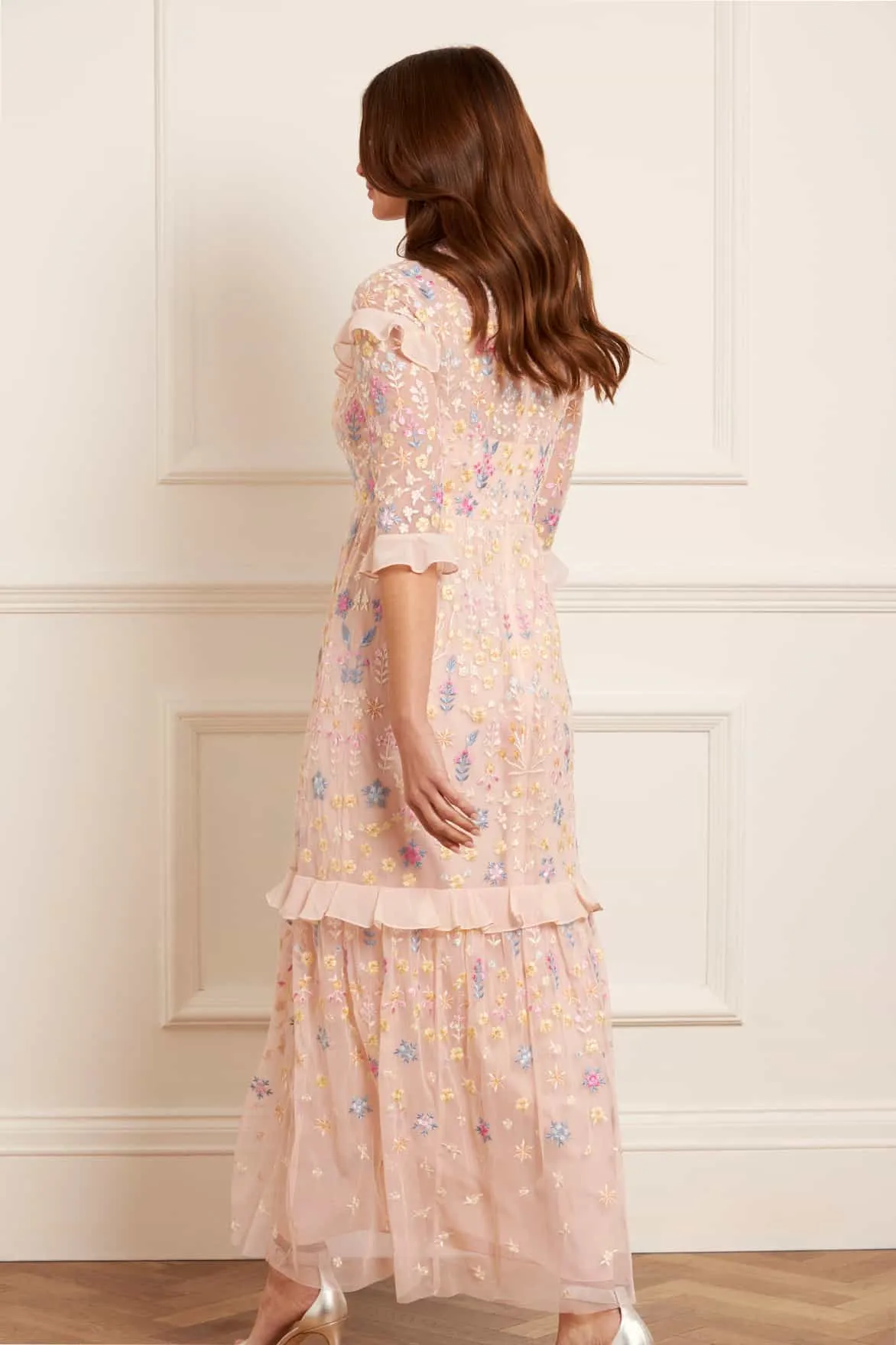 Flowerbed Embroidery Ankle Gown Perfect Length Mesh Soft