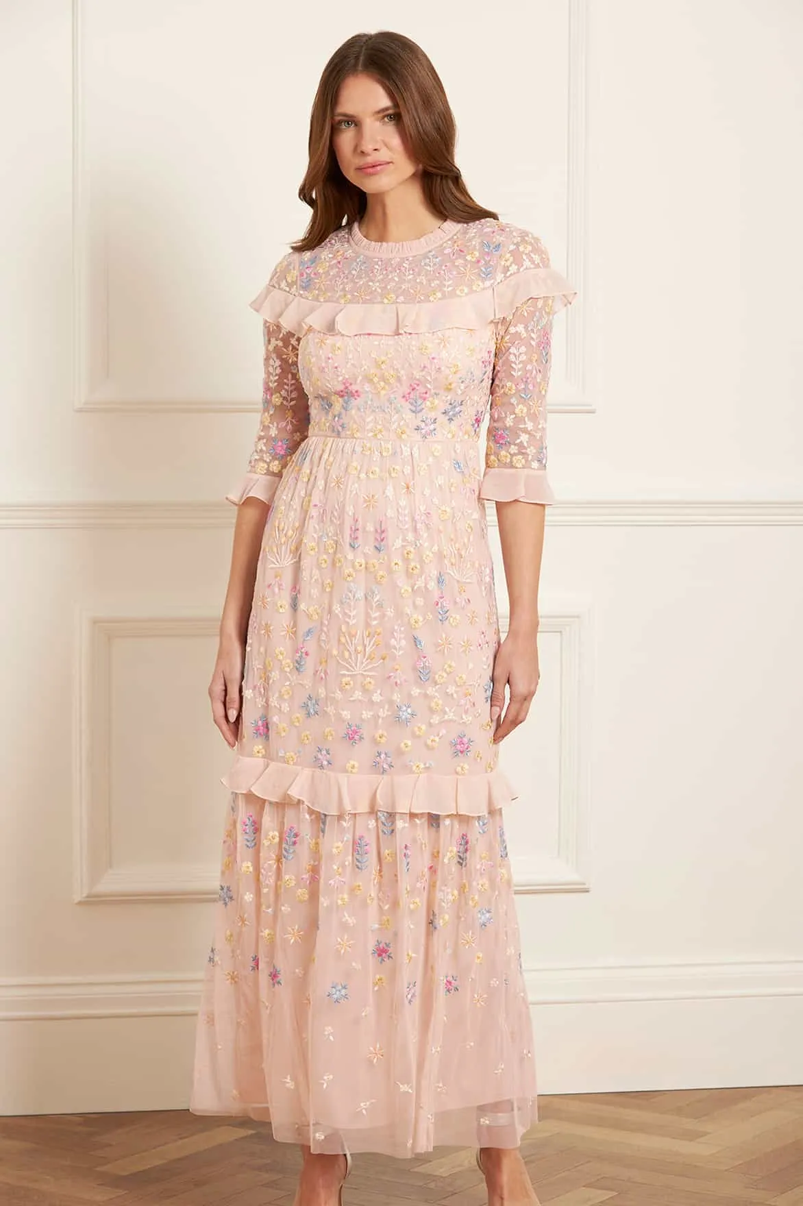 Soft and Relaxed Flowerbed Embroidery Ankle Gown
