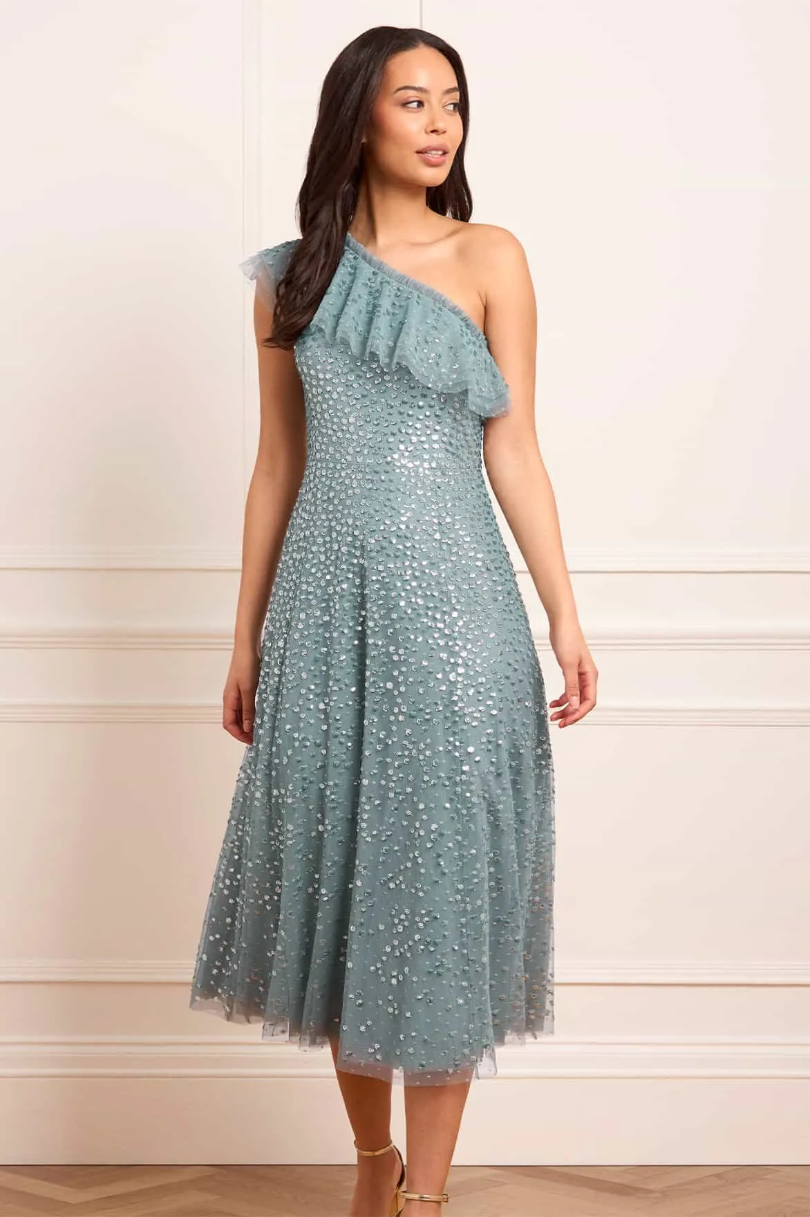 Dappled Sequin One-Shoulder Ballerina Dress summer breeze Sleek Outline