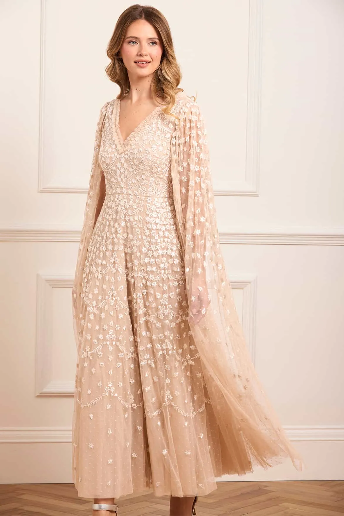 Clover Cape Sleeve Ankle Gown Peach Tone
