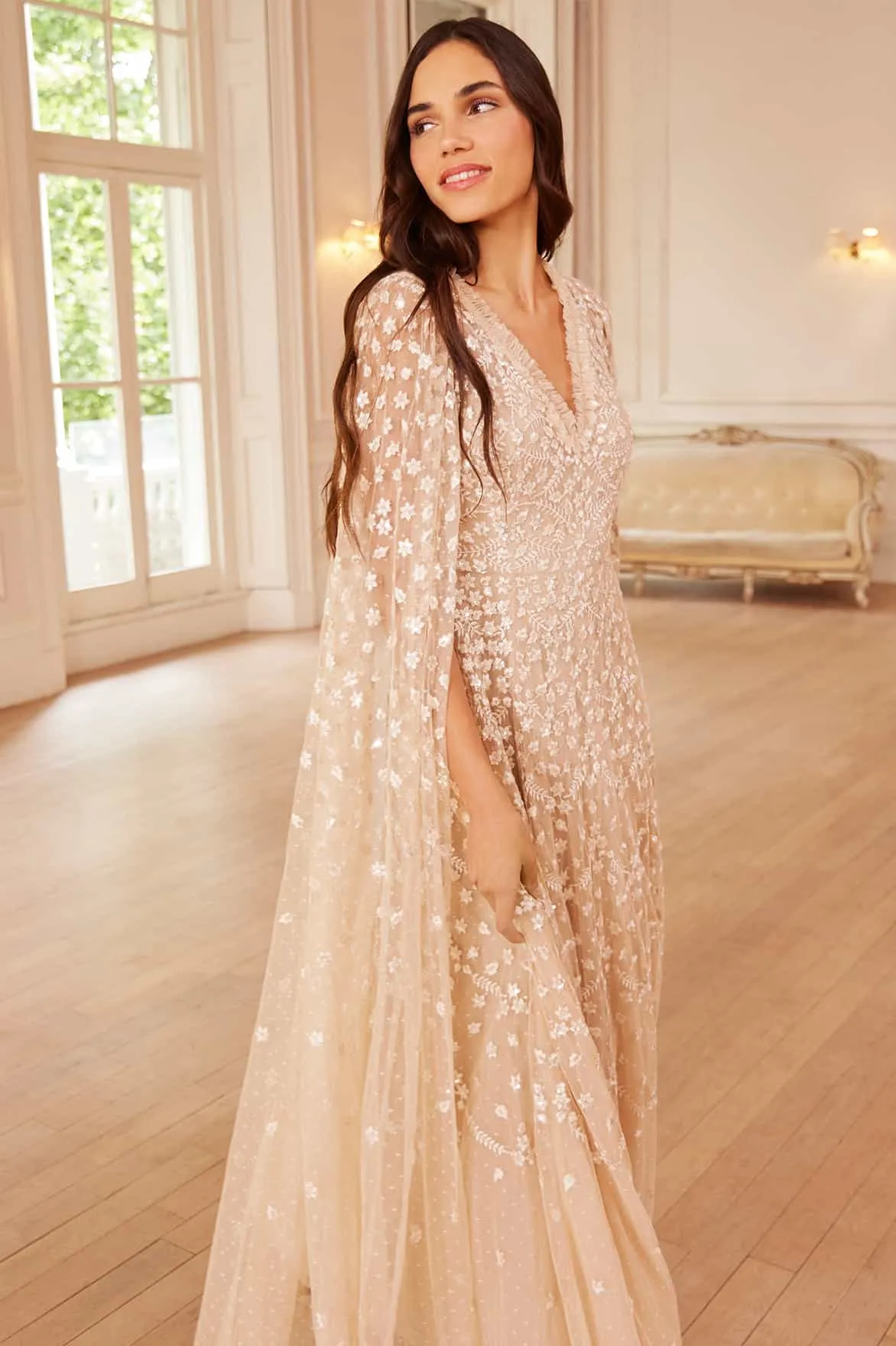 Contemporary Vibe Holiday-Party Clover Cape Sleeve Ankle Gown