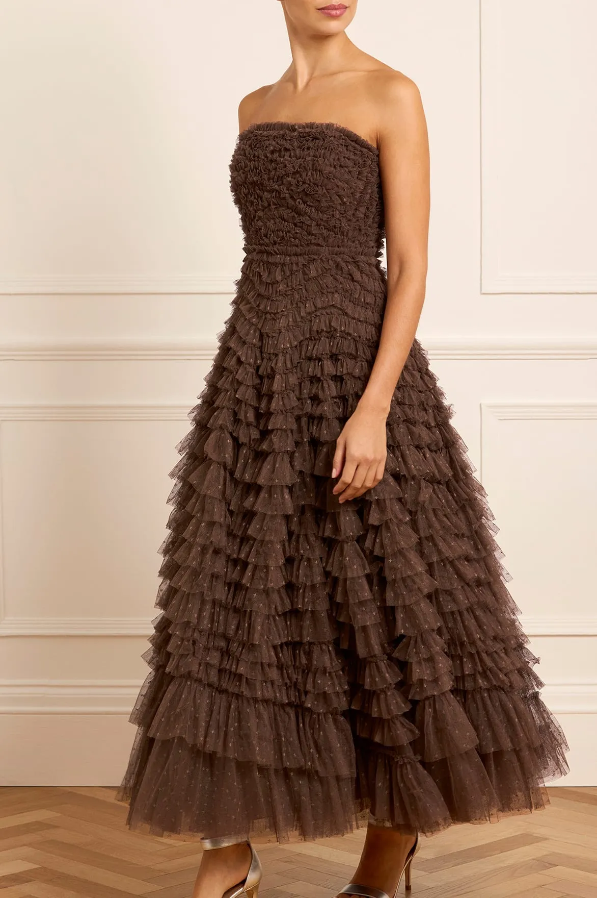 Timeless Cut Gentle Flow Hattie Ruffle Strapless Ankle Gown