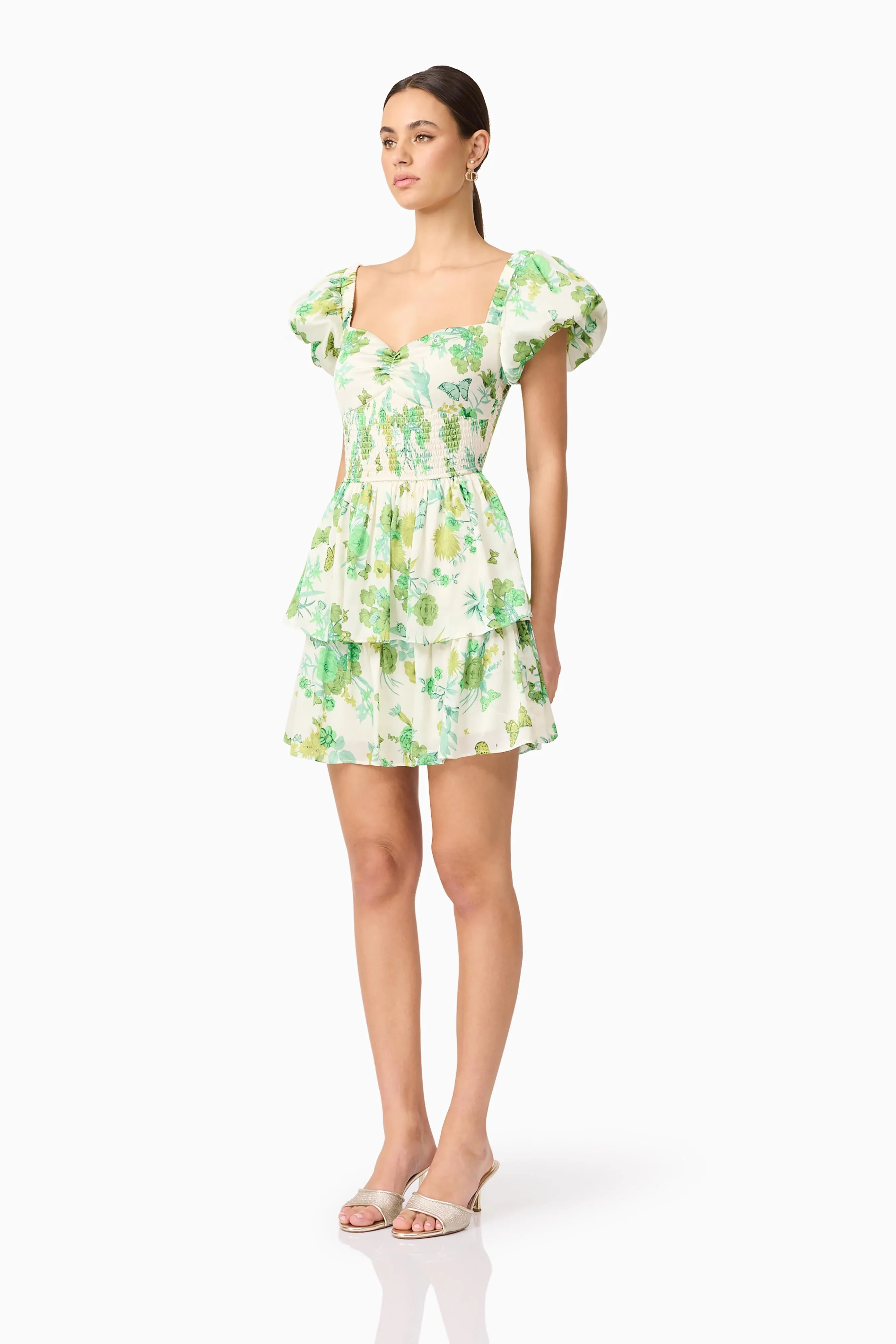 Tess Puff Sleeve Mini Dress in Green All-Day Wear Daily Wear