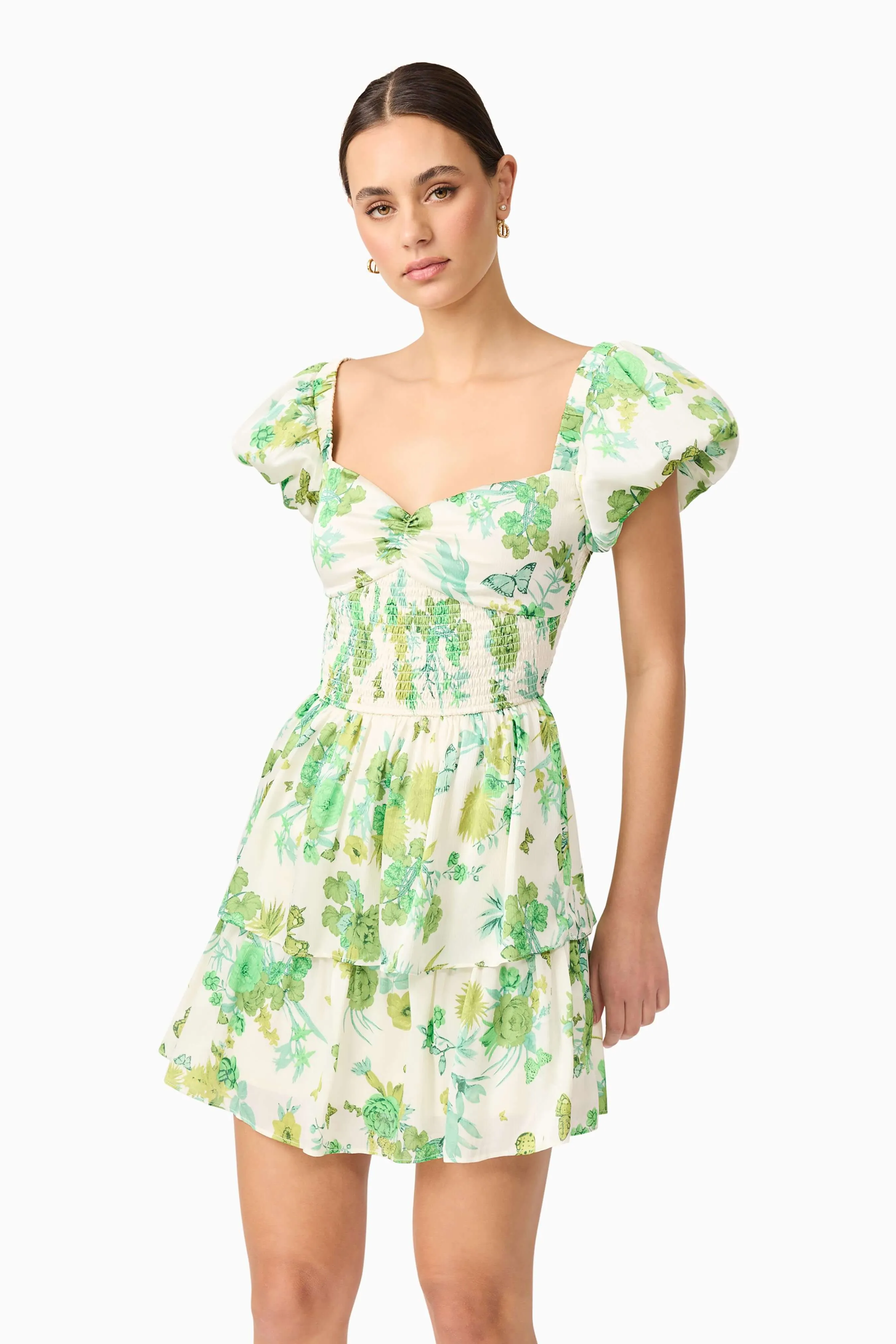 Tess Puff Sleeve Mini Dress in Green Summer Staple