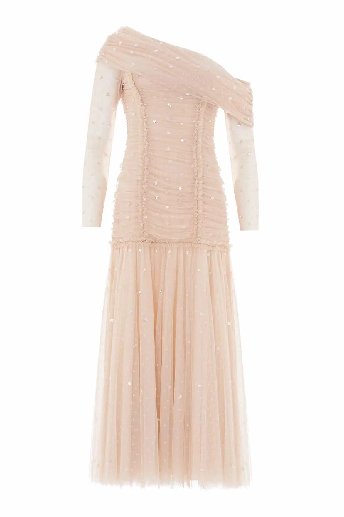 Cool Texture Sleek Motion Gigi Dot One-Shoulder Rouched Gown