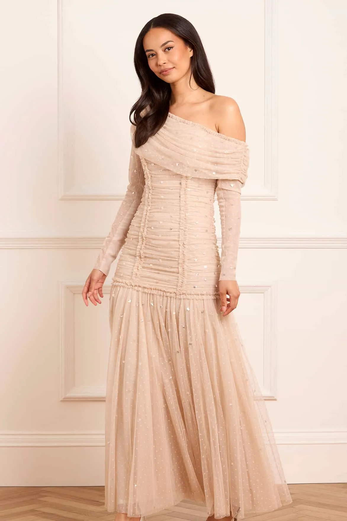 Gigi Dot One-Shoulder Rouched Gown Light Motion