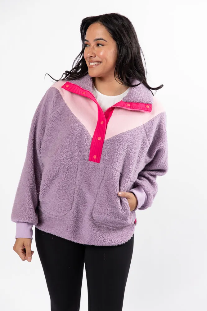 Good Feelings Purple Multi Colorblock Sherpa Pullover FINAL SALE Durable Color Retention