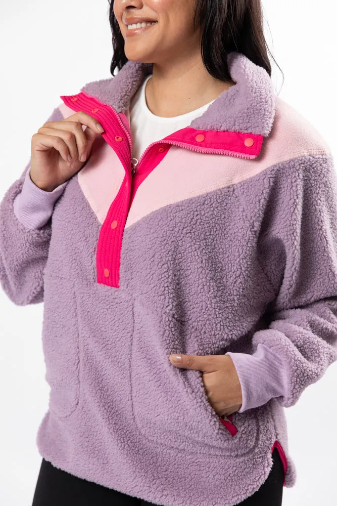 Good Feelings Purple Multi Colorblock Sherpa Pullover FINAL SALE Smart Design