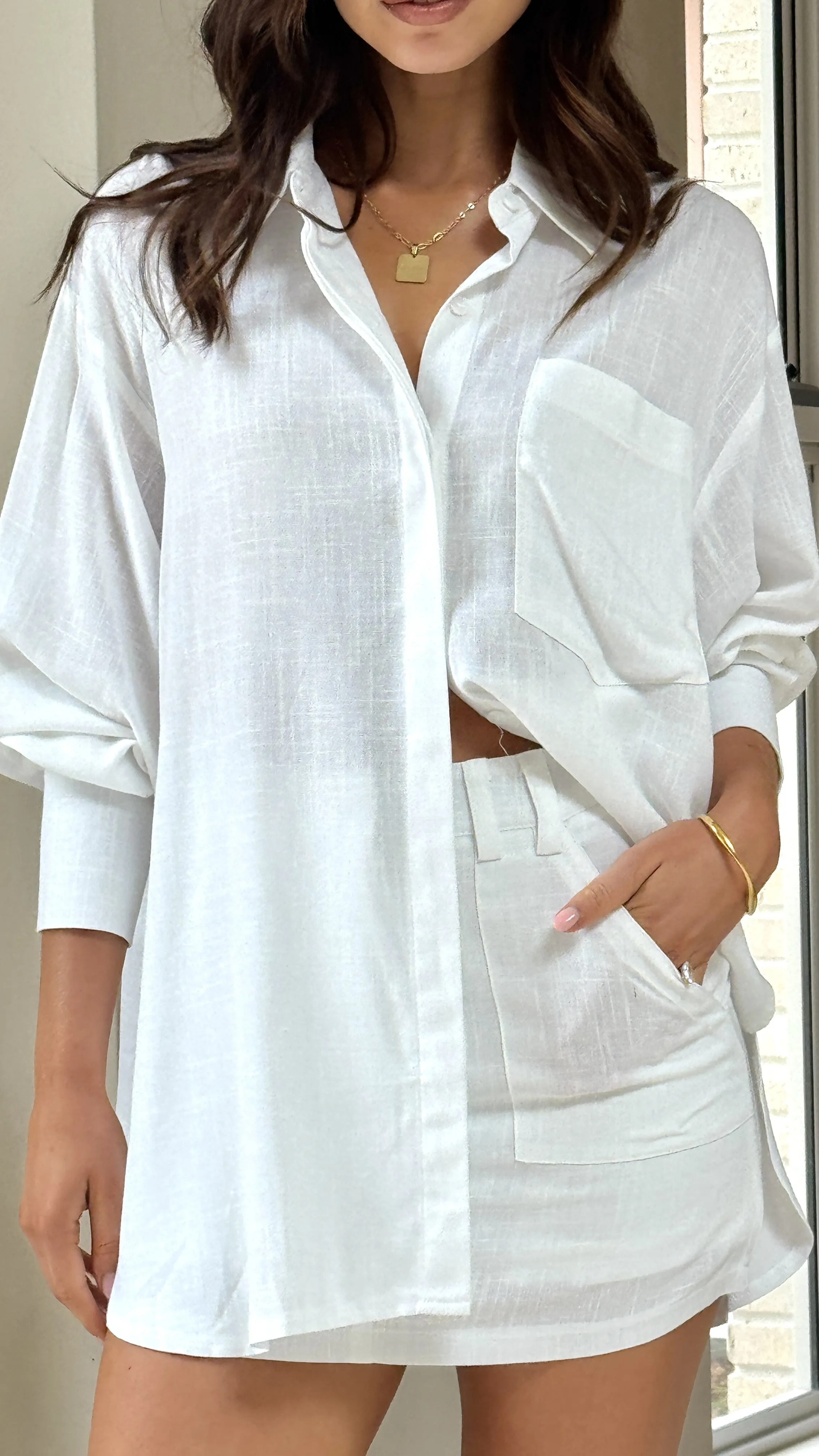 Charla Button Up Top - White Comfortable Shorts Timeless Cardigan