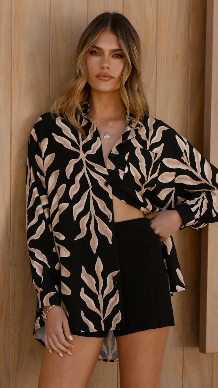 All-Weather Wear Koa Button Up Top - Black/Tan Print