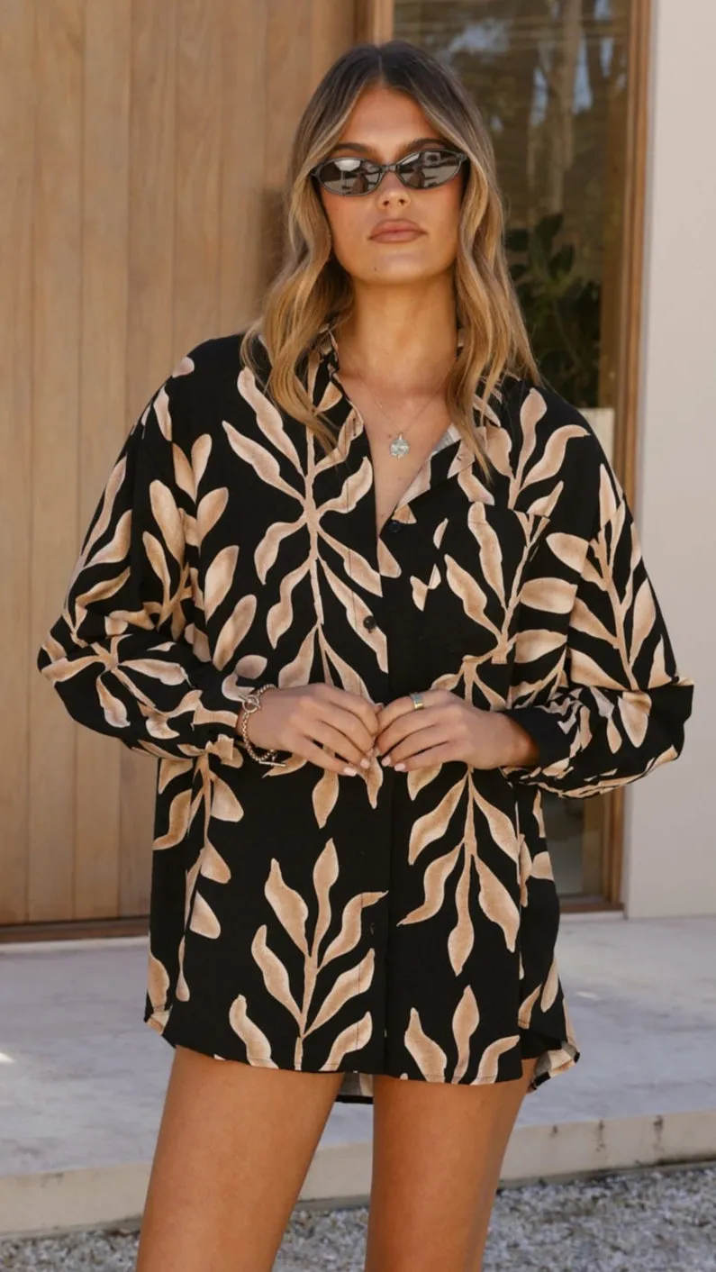 Koa Button Up Top - Black/Tan Print Nature Base