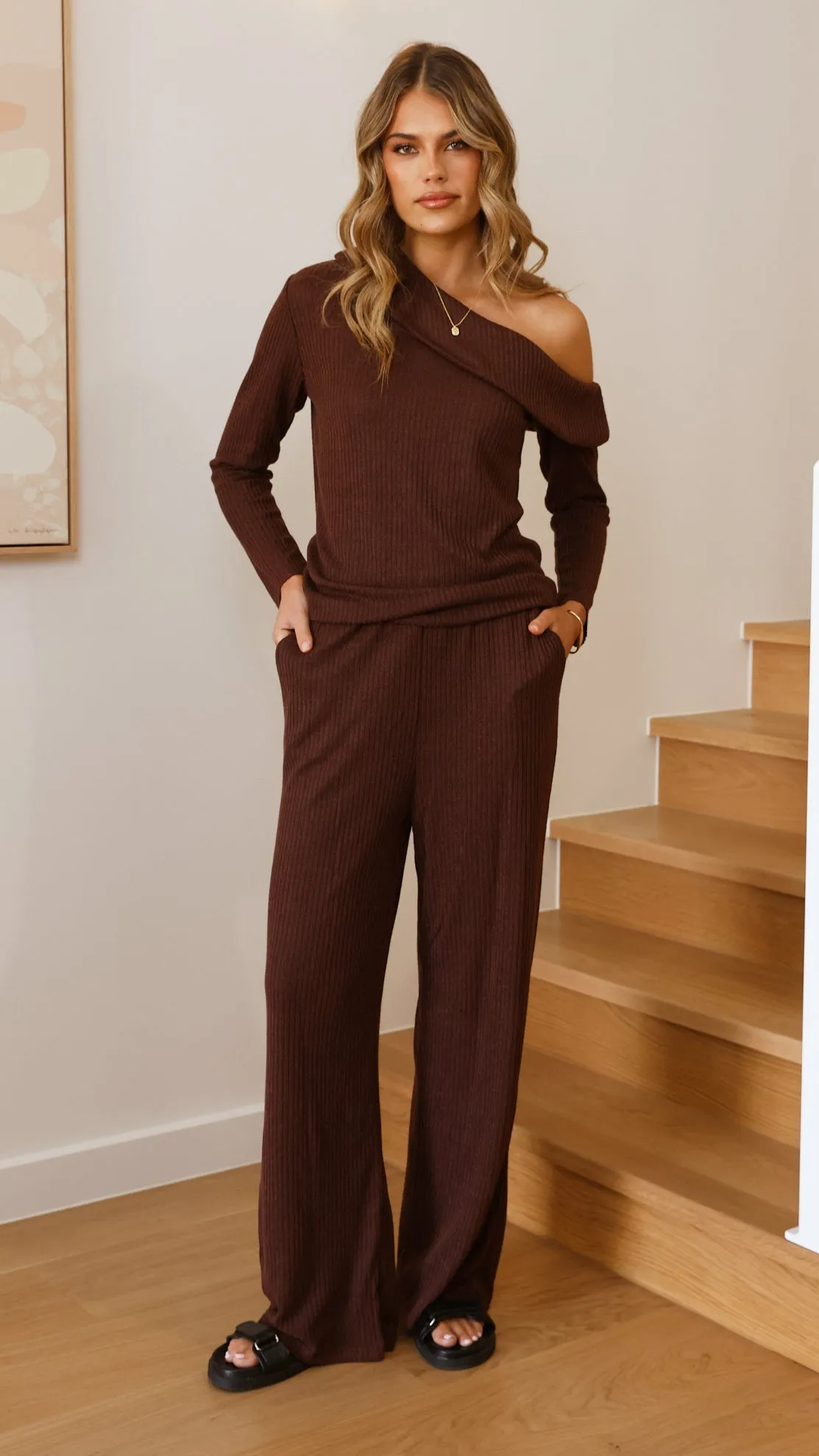 Champion Glow Harini Off Shoulder Long Sleeve Top and Pants Set - Chocolate
