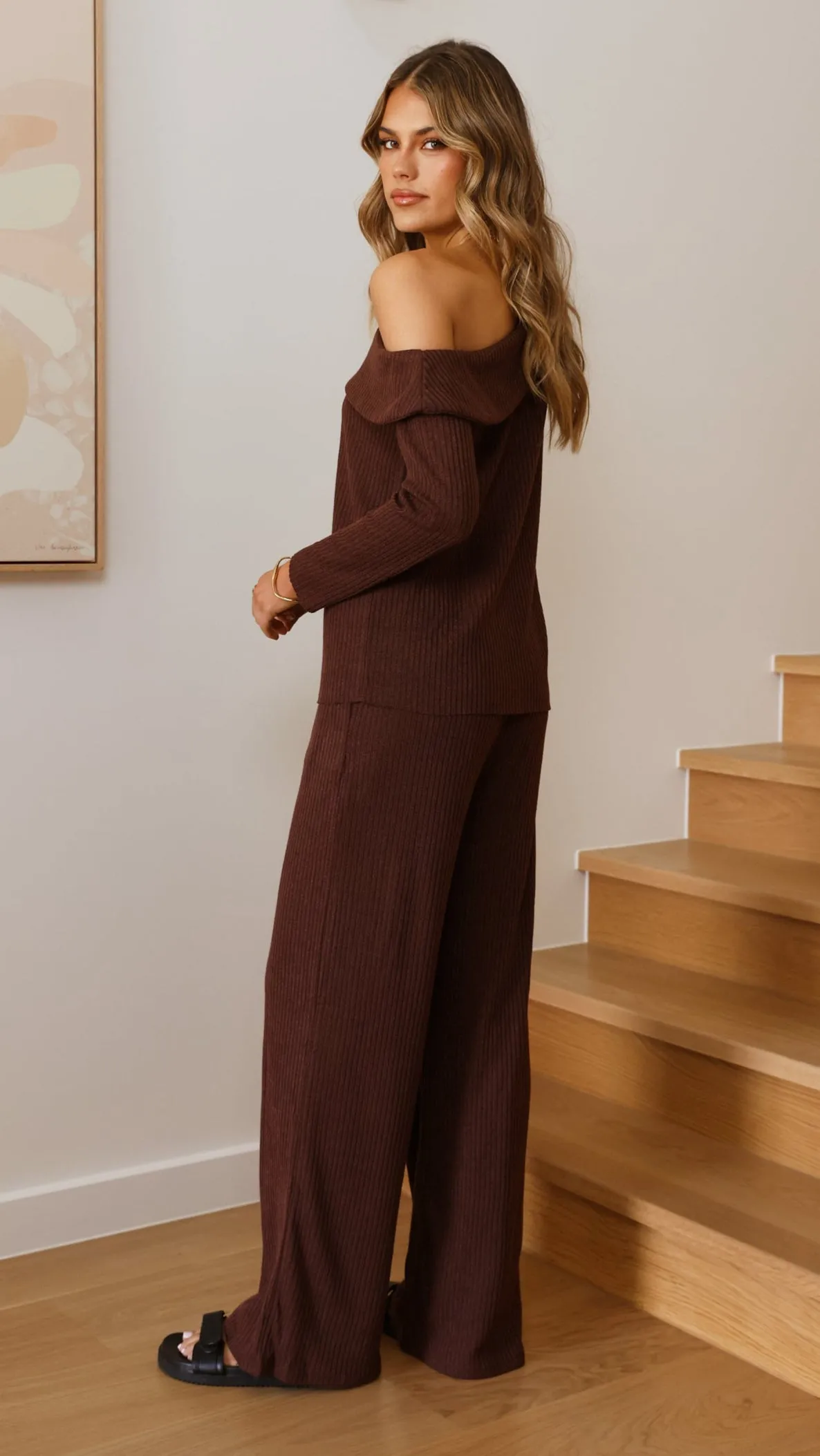 Harini Off Shoulder Long Sleeve Top and Pants Set - Chocolate Breathable mesh lining