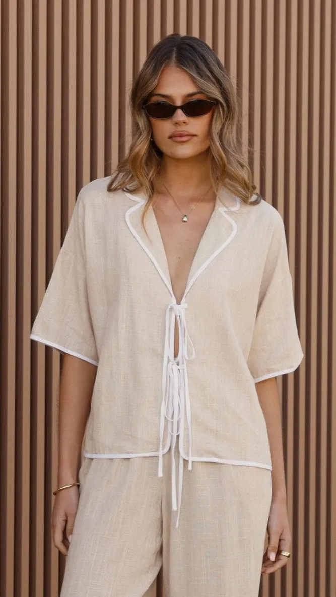 Hartley Tie Shirt - Beige / White Layered Clothing