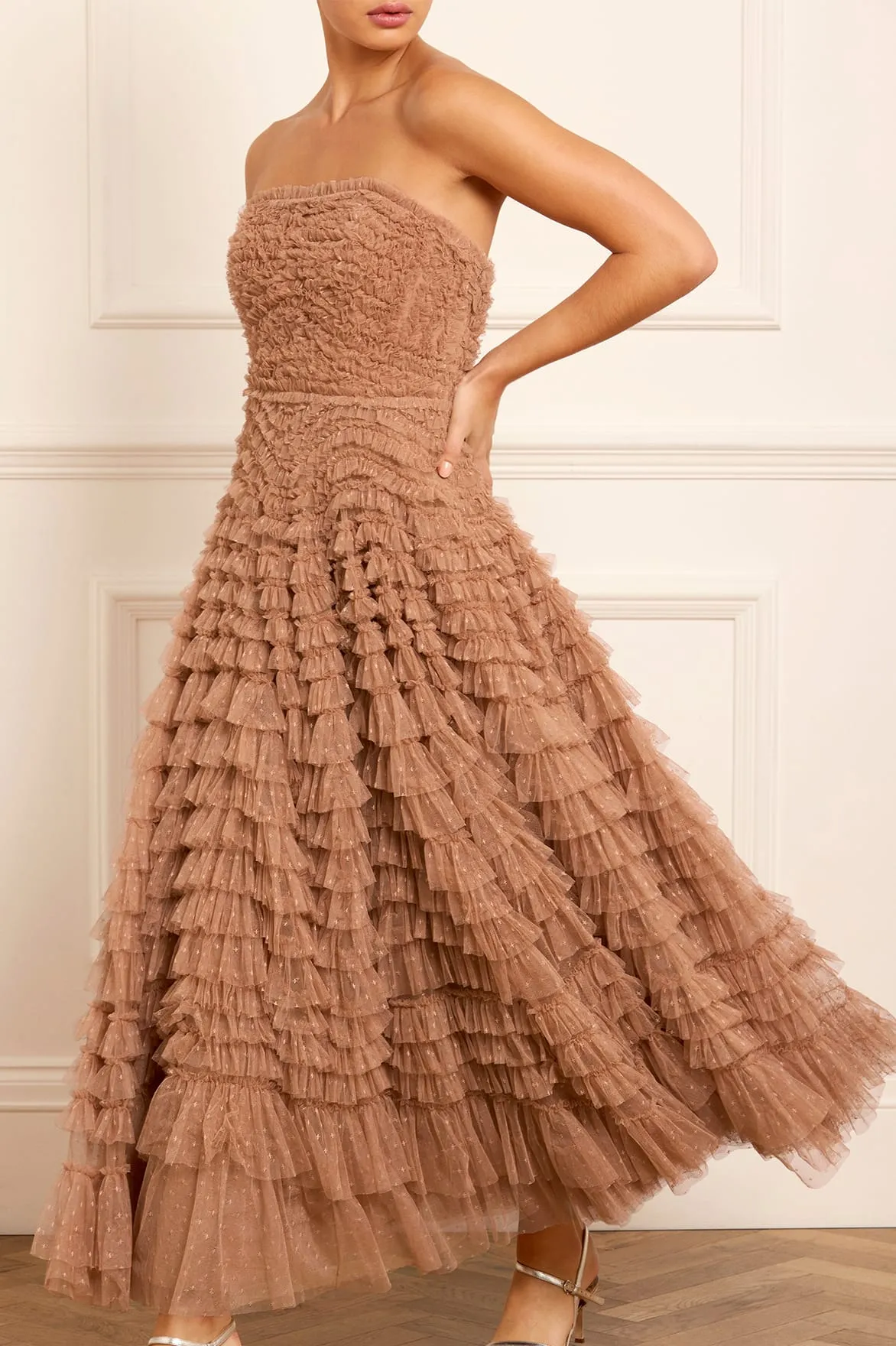 Hattie Ruffle Strapless Ankle Gown Work Flex Chic Silhouette