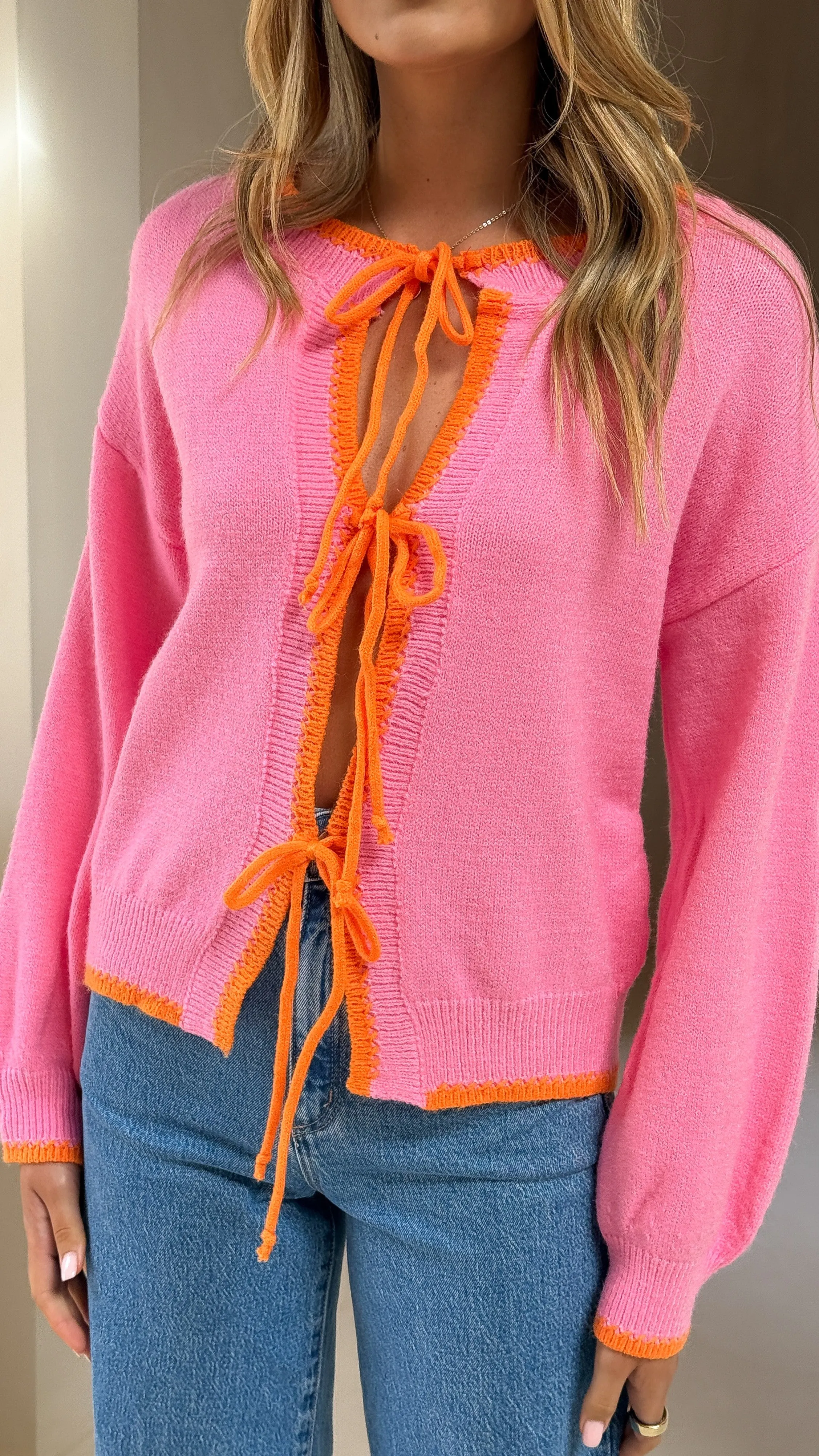 Hazina Tie Long Sleeve Knit Top - Pink / Orange City Soul