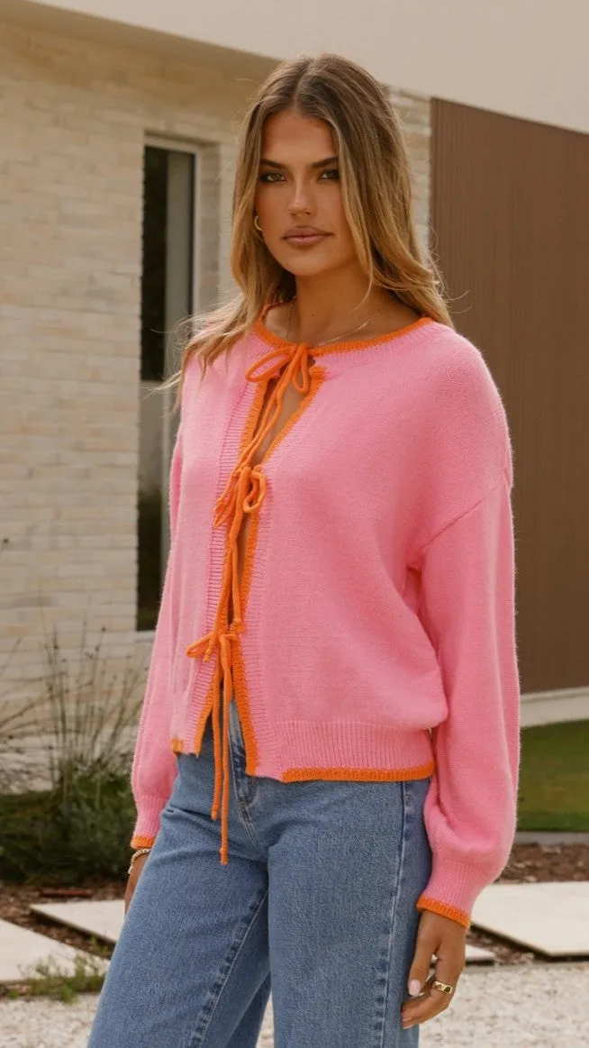 Hazina Tie Long Sleeve Knit Top - Pink / Orange ZeroChafeSeams Light Pants