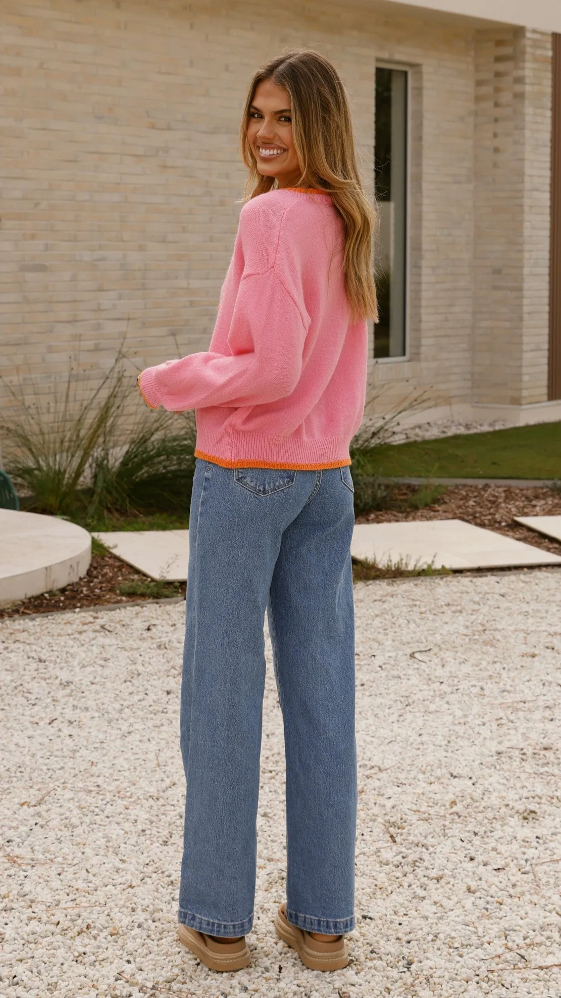 Hazina Tie Long Sleeve Knit Top - Pink / Orange Cozy Pullover