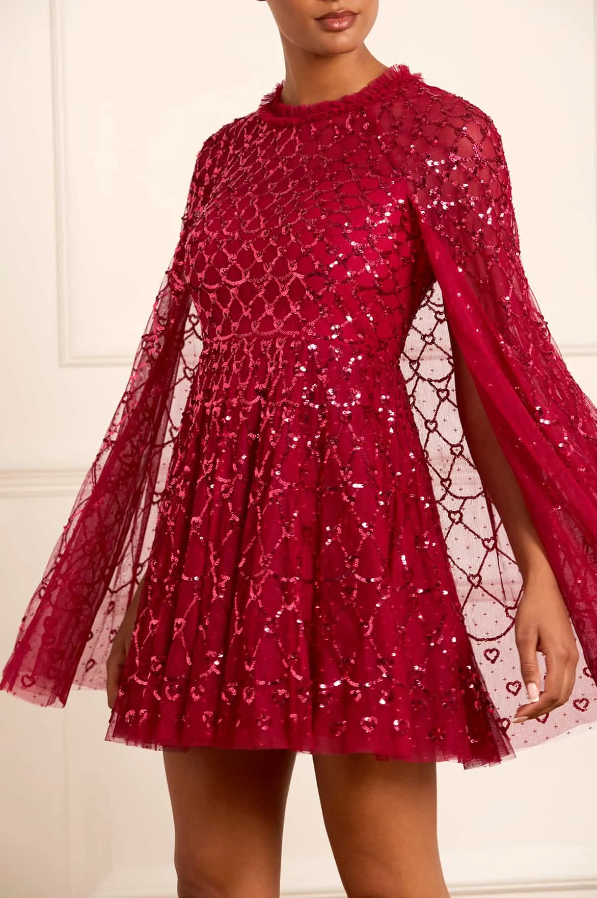 Heart Lattice Micro Mini Dress Bright-colored piece Airy Drape