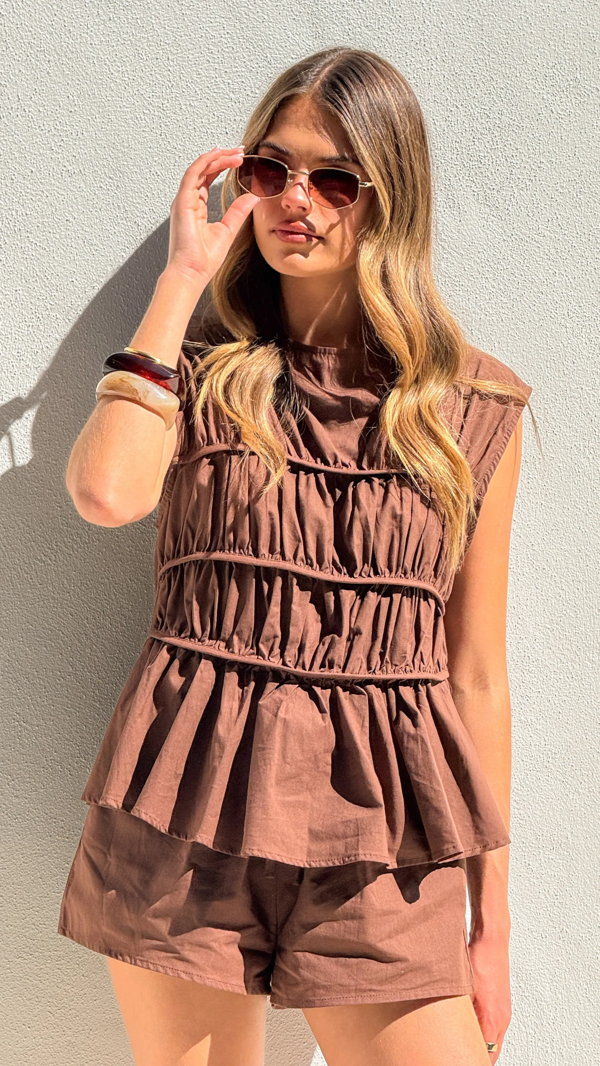 Hendrix Shirred Top and Shorts Set - Brown Thick Glow Strong Denim