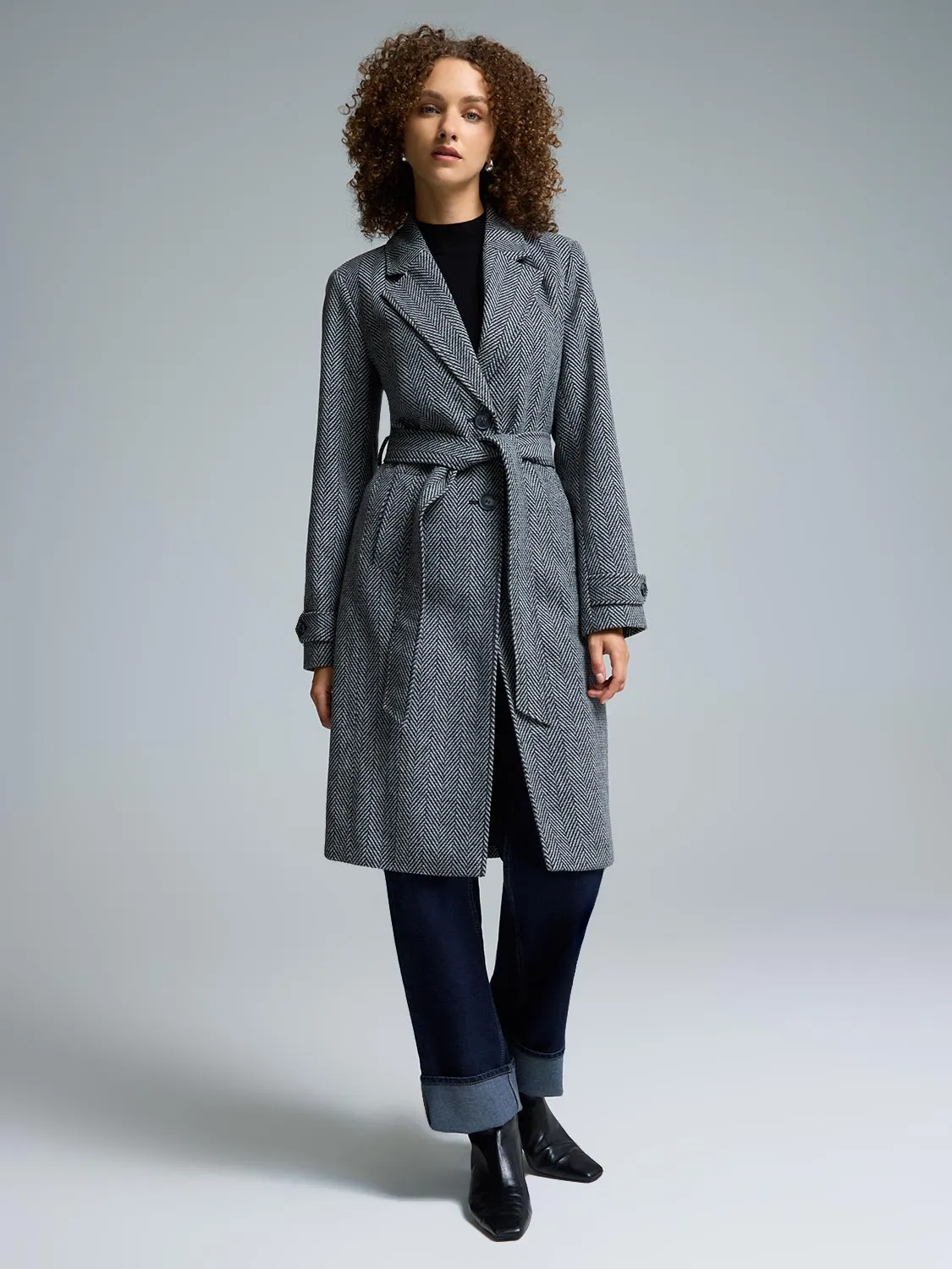 Flatlock stitching Herringbone Faux Wool Coat