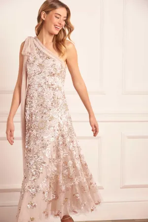 Soft Fit Wear Stain-Guard-Finish Baroque Floral One-Shoulder Bow Ankle Gown