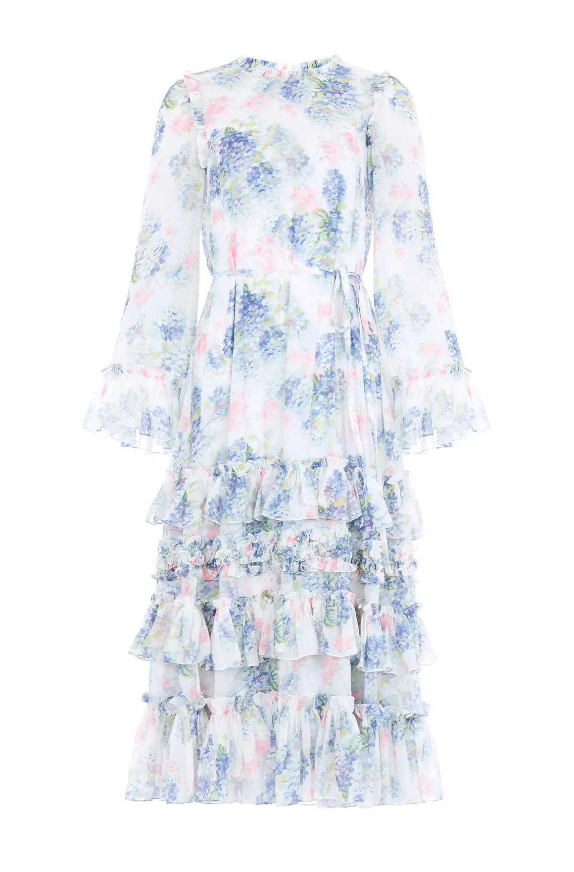 Hydrangea Chiffon Round Neck Ankle Gown Flow Sleeve