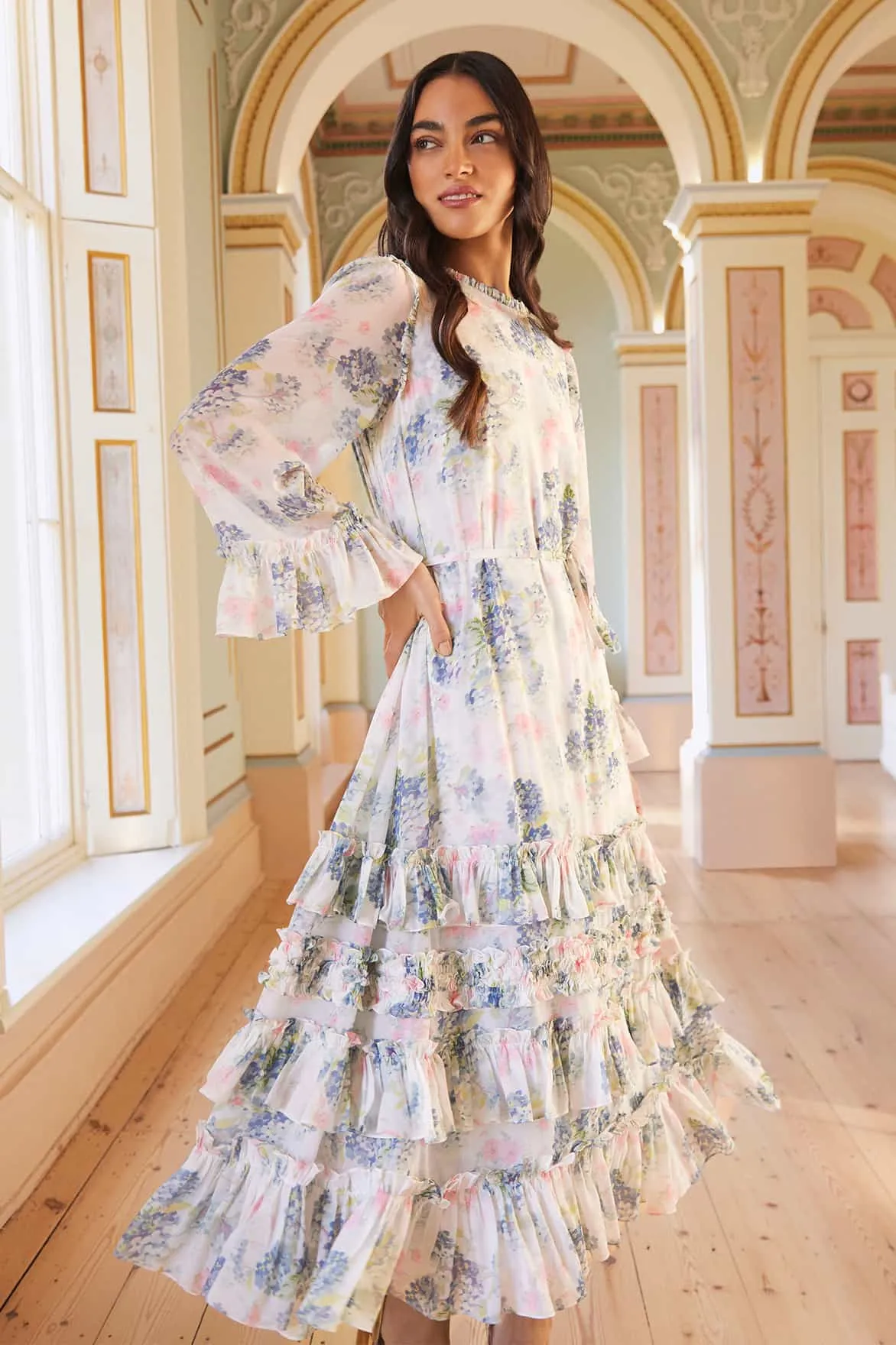 Hydrangea Chiffon Round Neck Ankle Gown Boho Tone