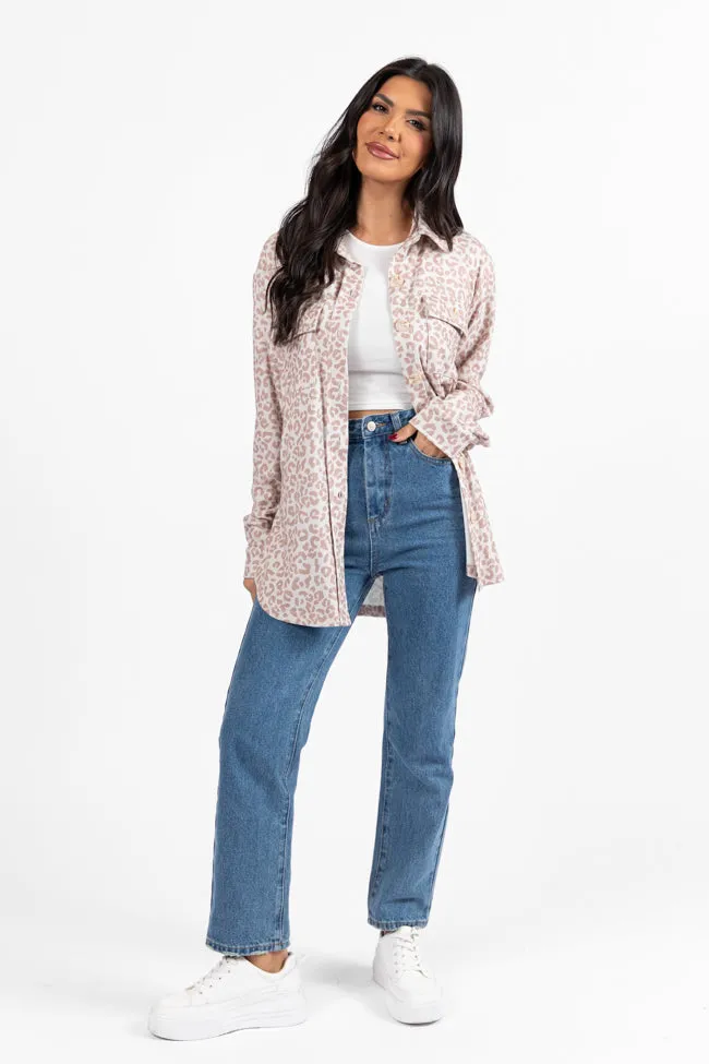 Reflective Safety Trim In Those Days Ivory and Beige Leopard Knit Shacket FINAL SALE