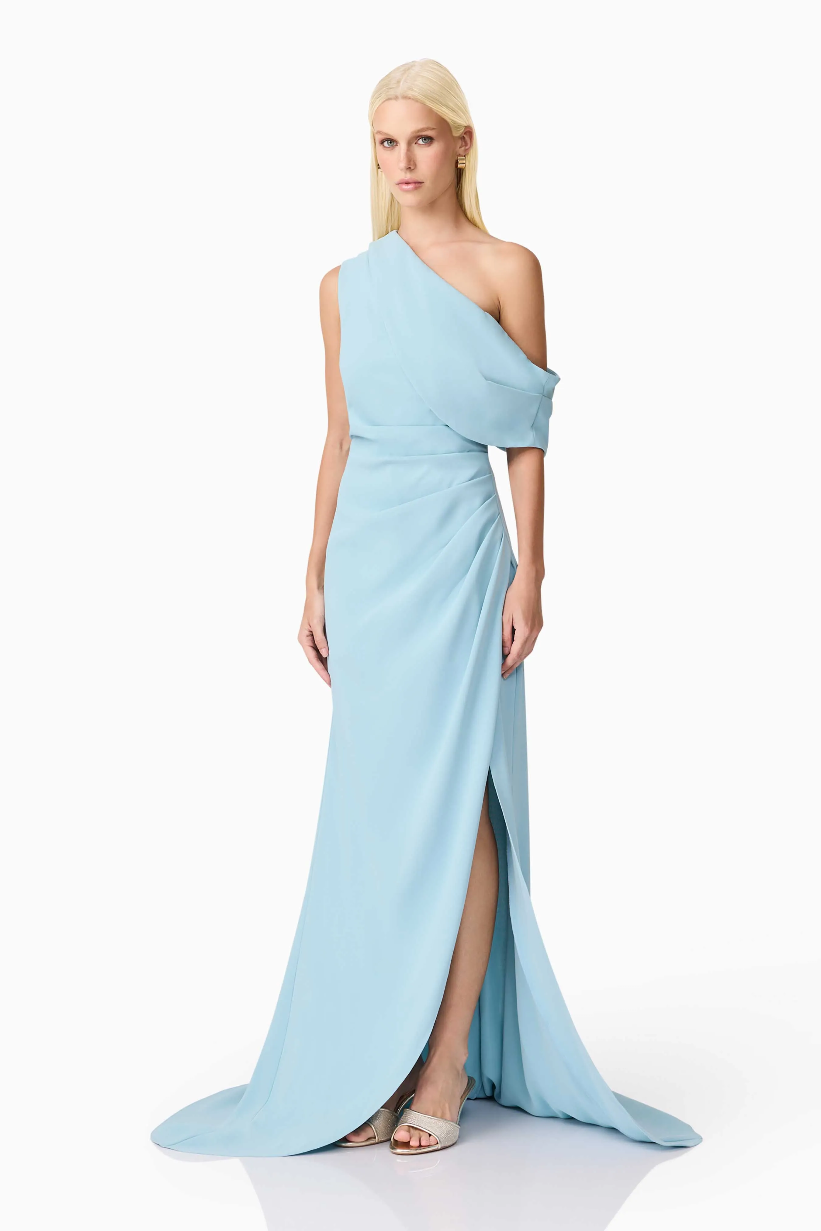 Light Mood Polished Motion Isadora Off The Shoulder Gown in Blue