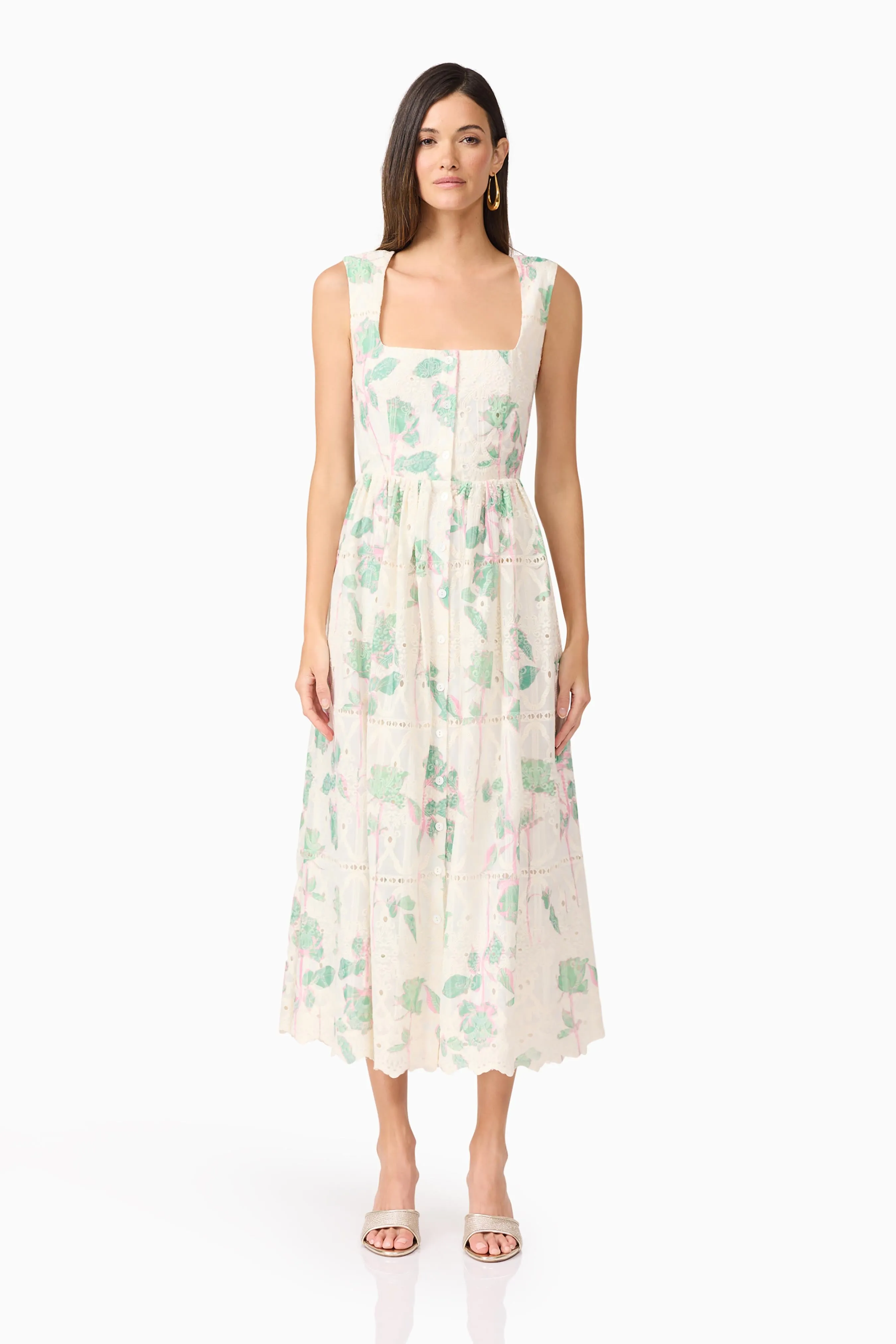Kierra Floral Midi Dress in White Pocket-Detail Casual Tones
