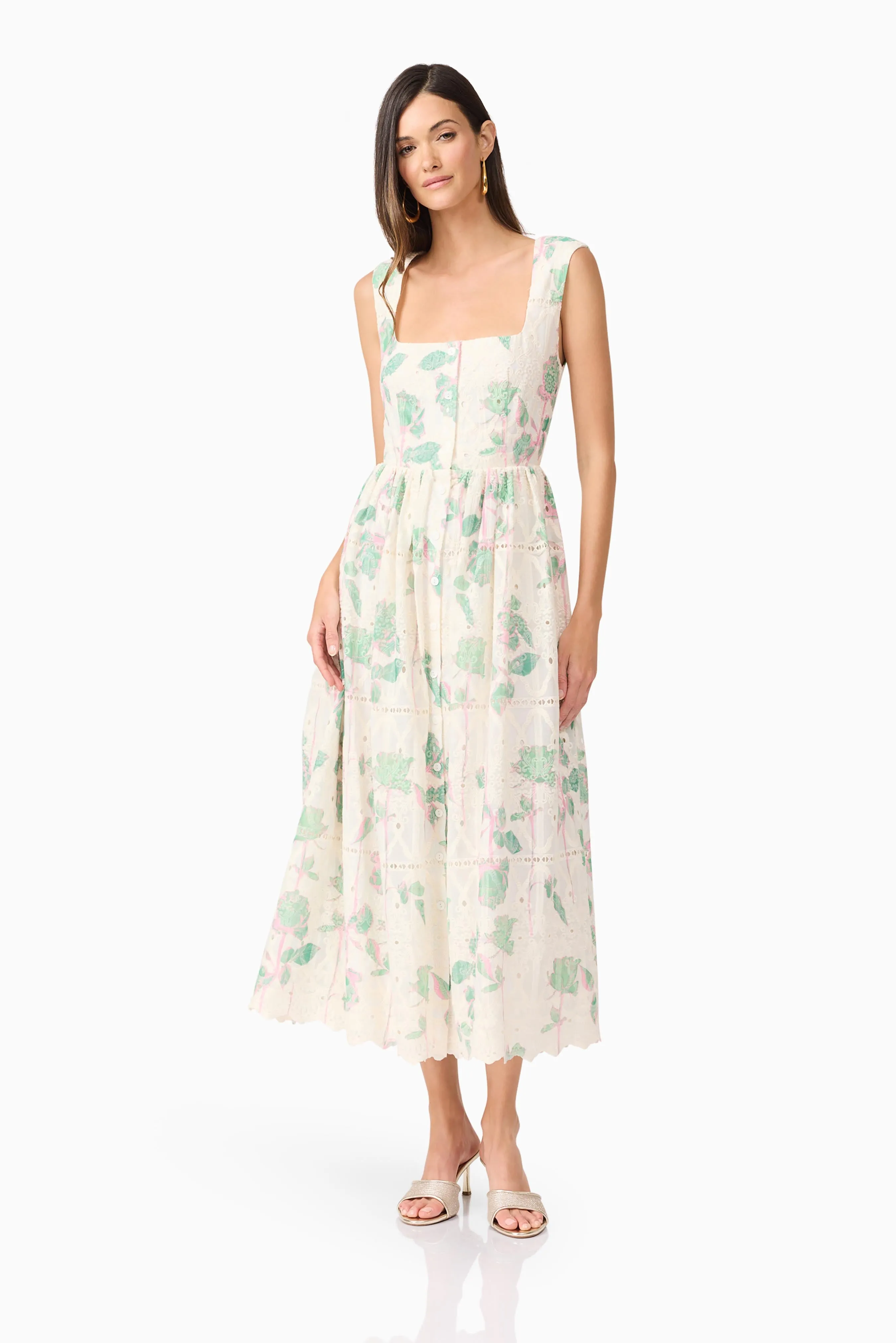Kierra Floral Midi Dress in White Shine Soft Flattering Cut Wear