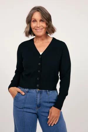 Knitted Cropped Cardigan in Black Softshell Material Foldable Design