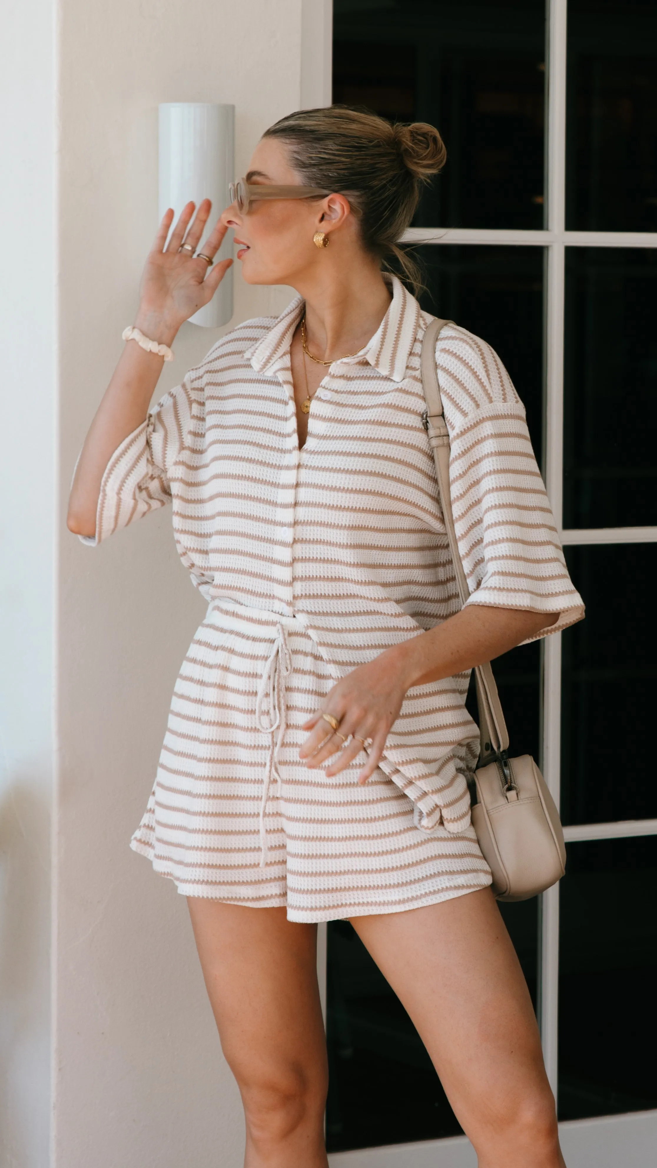 All-Occasion Comfortable Layer Lacole Button Up Shirt and Shorts Set - White / Beige Stripe