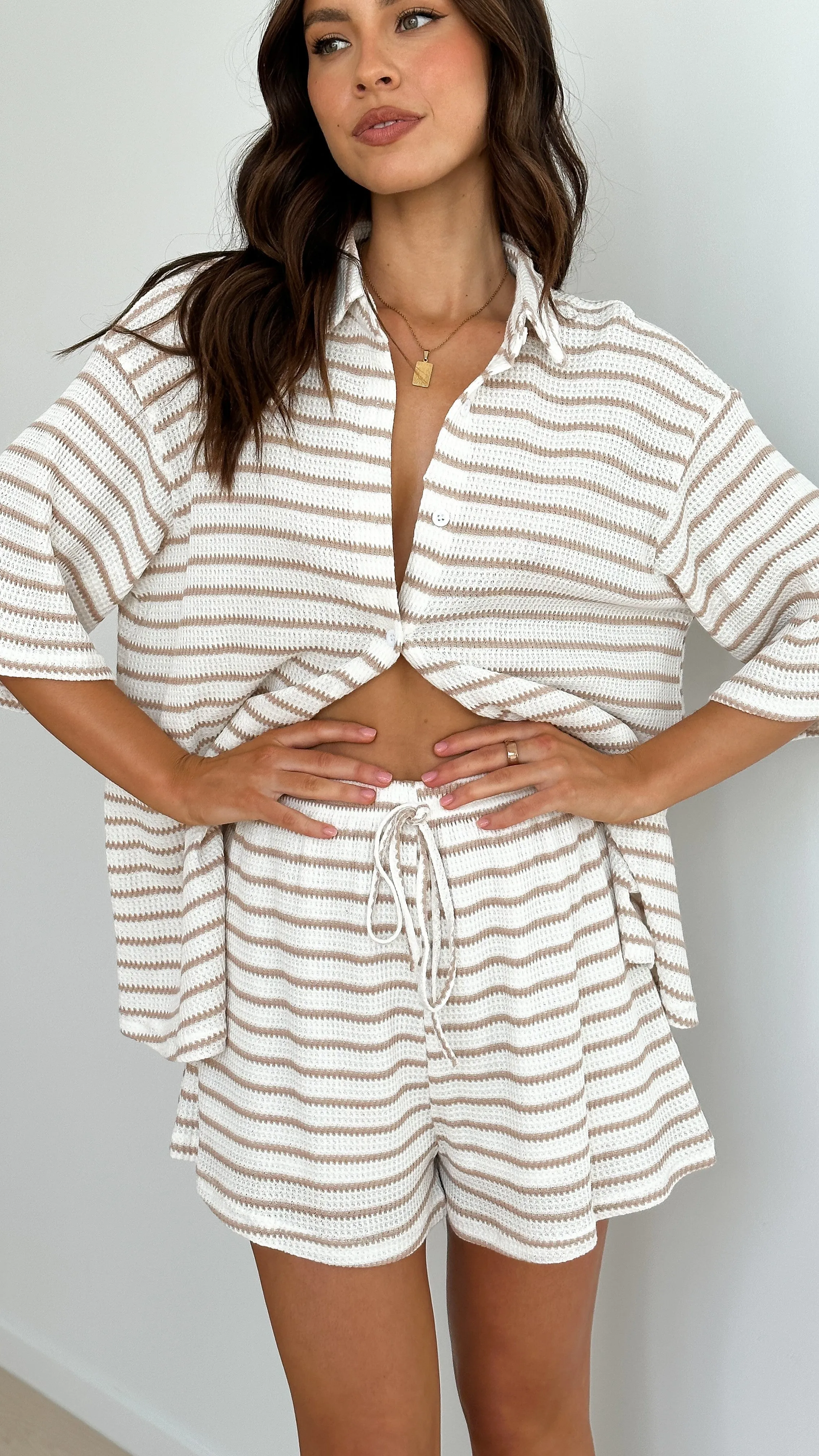 Lacole Button Up Shirt and Shorts Set - White / Beige Stripe Zen Ease Peace Flow