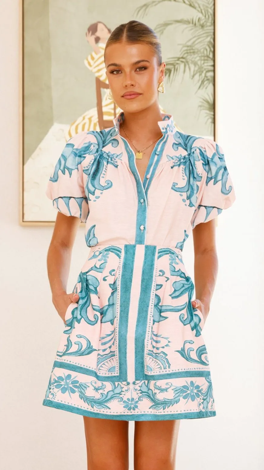 Flexible Material Repair Fit Lanie Shirt - Aqua / Pink Zayna