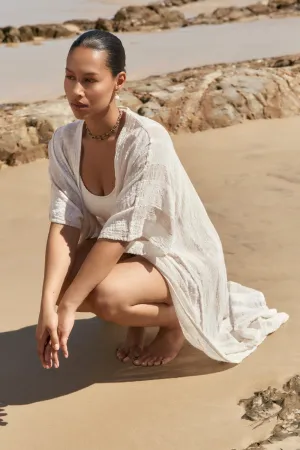 Roll Up Hood Liv Long Line Duster In Natural Stripe