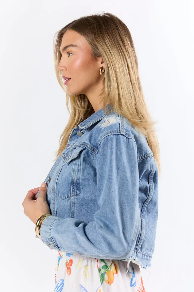Modern Functional Design Mesh Venting Run Around Town Medium Wash Deconstructed Denim Jacket SALE