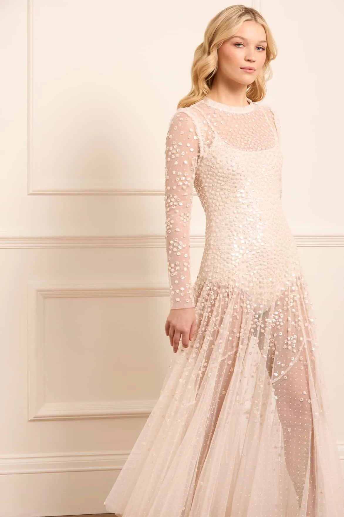 Leila Dot Sheer Ankle Gown Light and Breezy Draped Fabric