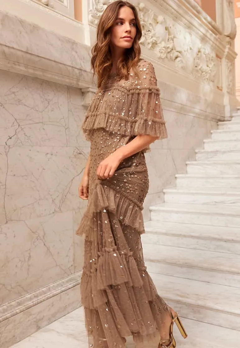 Vibrant Colors Leila Dot Tiered Cape Ankle Gown