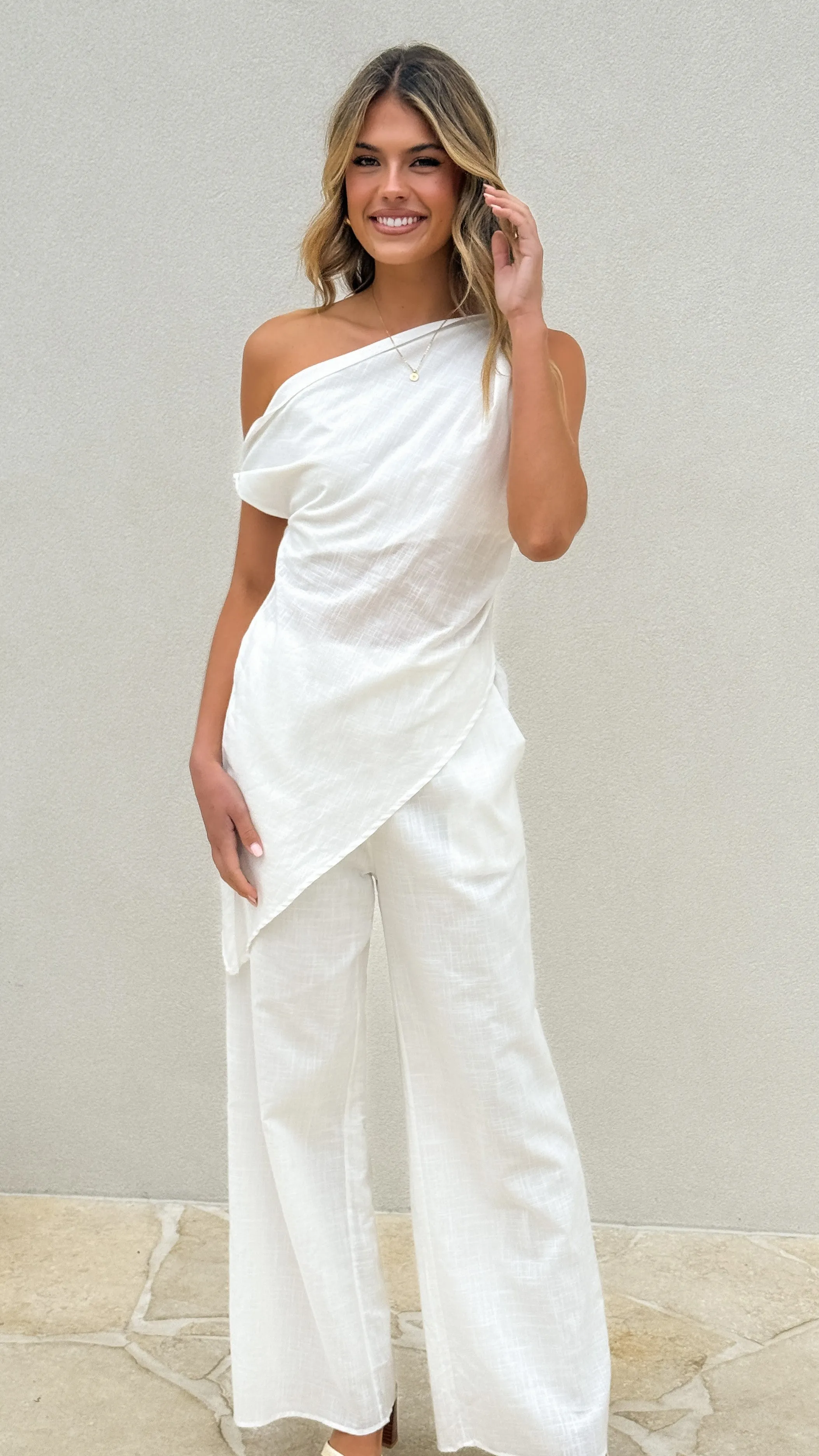 Easy Fashion Liana Off Shoulder Top & Pants Set - White