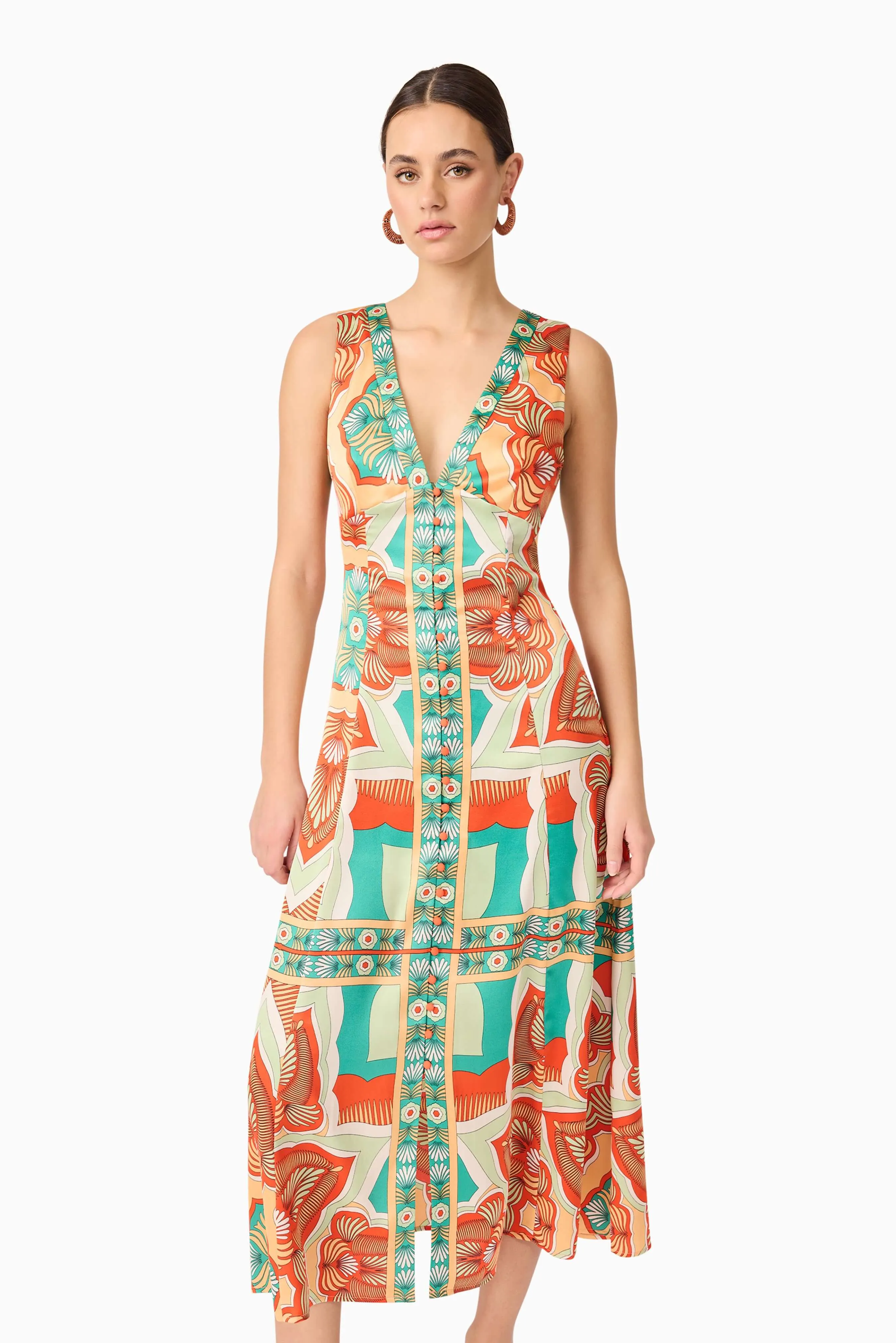 Neomi V Neck Midi Dress in Orange Bless Glow Compact Fit