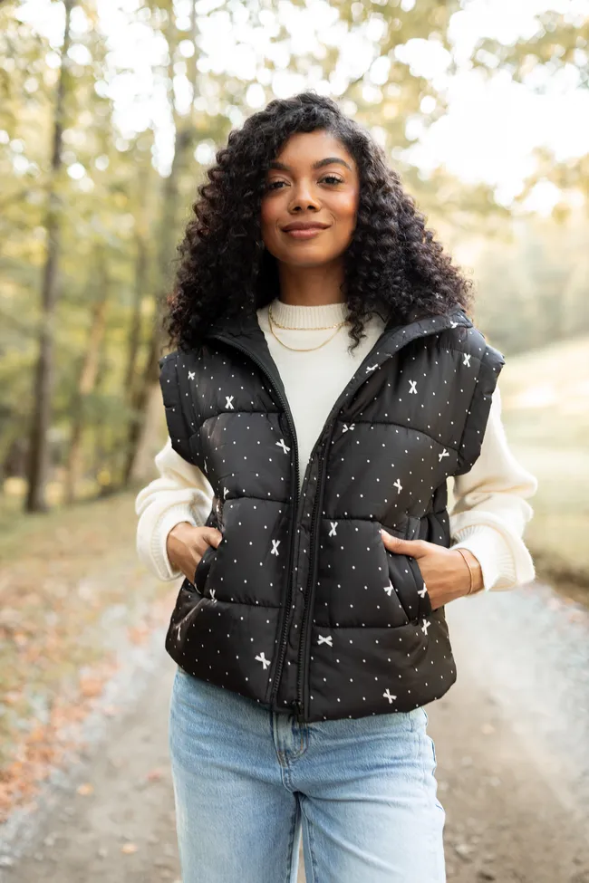 Stella Black Bow Dot Puffer Vest Moisture Wicking Finish