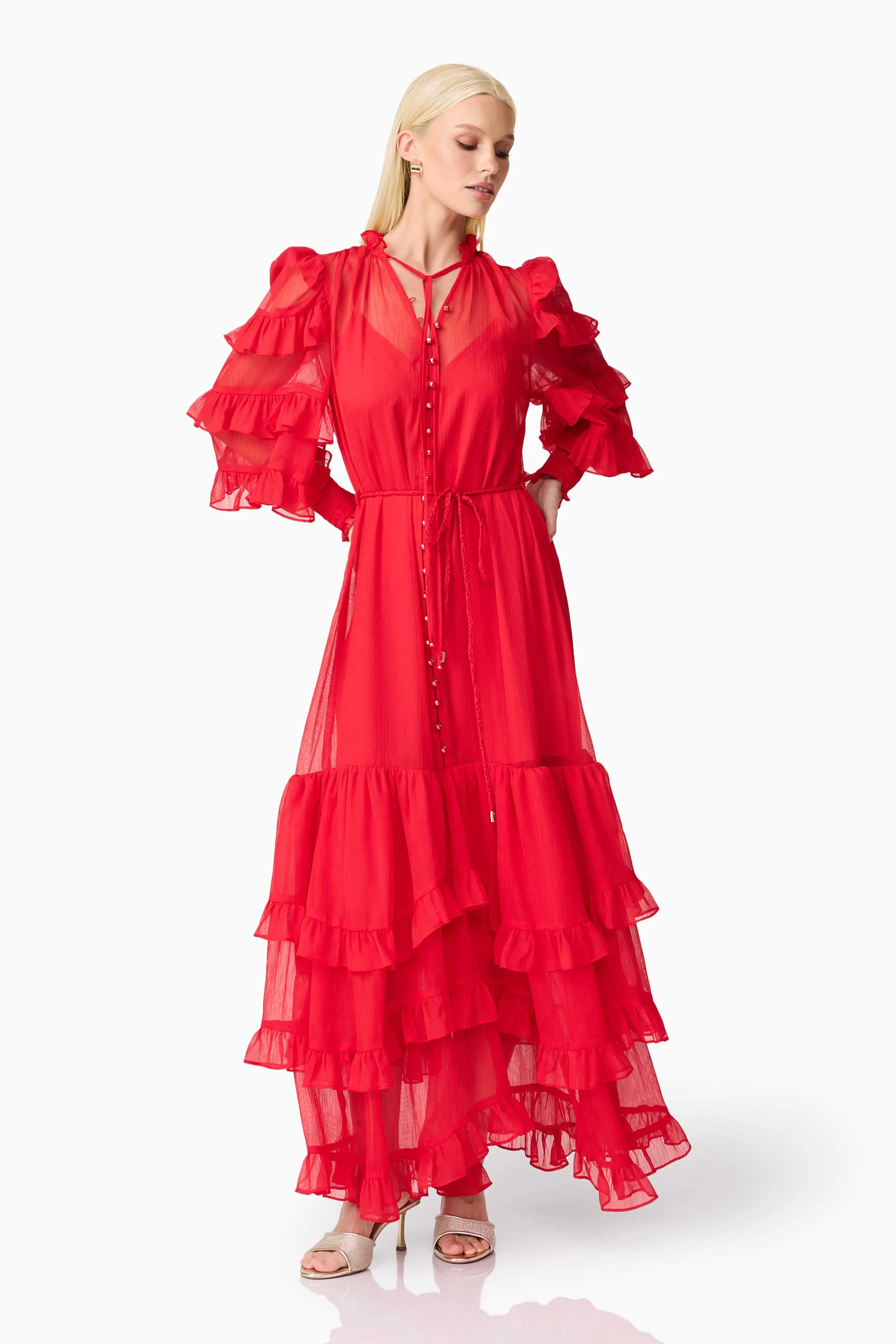 Bold Mood Soft Design Lilja Long Sleeve Maxi Dress in Red